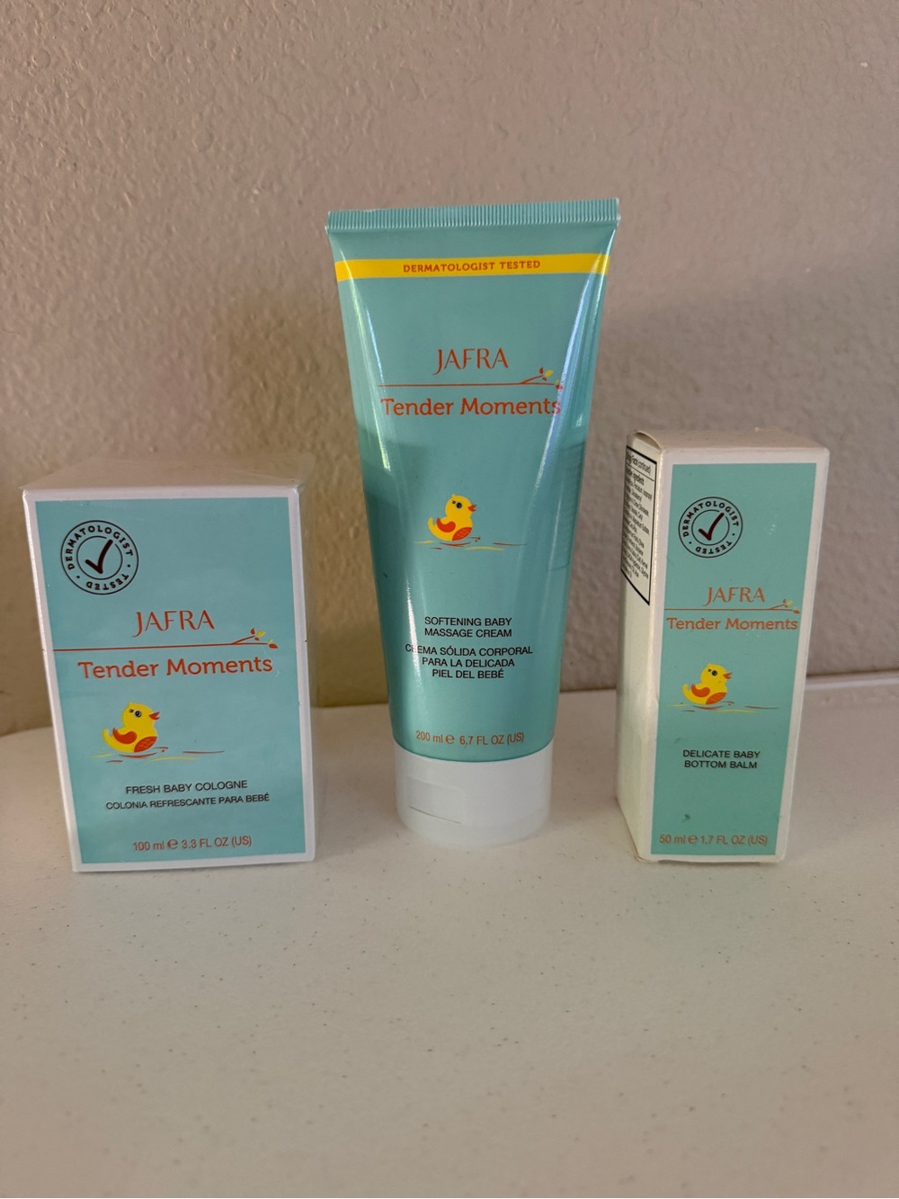 JAFRA Tender Moments Baby Care Trio - baby Cologne, massage cream, bottom balm.